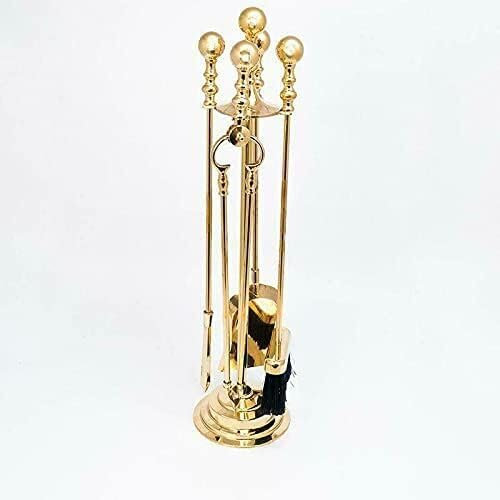 Ofenbesteck Kaminbesteck 5 teilig Gold Messing Massiv Höhe: 73 cm Kaminzubehör Antik Stil Jugendstil Kamingarnitur