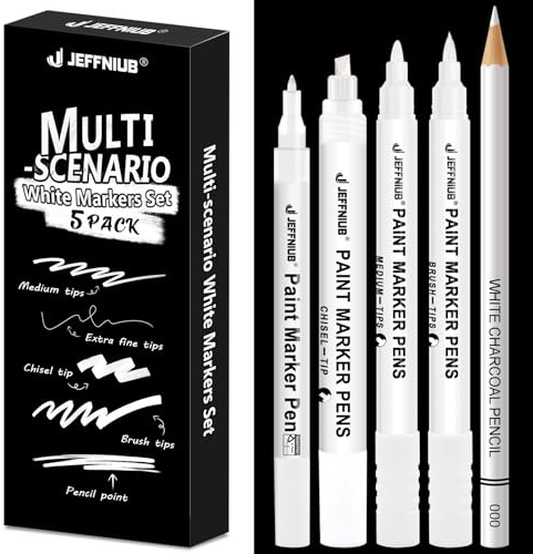 White Pen for Art Set 5pcs, Multimarker with Brush, Fineliner & Pencil - Opaque Acrylic Paint Pens for Black Paper, Rock, Glass, Wood - Waterproof Art Markers for Drawing, Writing, DIY Crafts