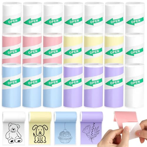 21 Rollen Thermopapier Selbstklebend, 5 Farben Thermorollen, 57 x 25mm Mini Drucker Papier, Nachfülldruckpapier, Thermal Pinter Papier für Kinder Sofortbildkameras