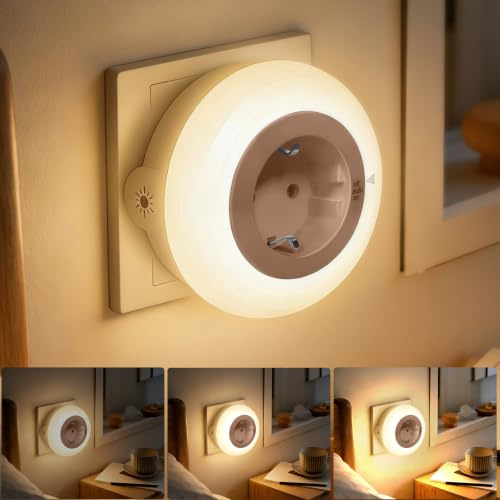 Bzavor LED Nachtlicht Steckdose mit Dämmerungssensor, 4 Einstellbare Helligkeitsstufen, ON/OFF/AUTO Modi, Steckdosenlicht Helligkeitssensor,Nachtlicht Steckdose Kinder, Nachtlampe Steckdosenlampe