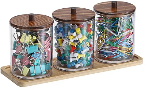 BTSKY 3 Pack PaperClip Holders with Bamboo Lids & Tray, Round Binder Holder for Desk, Clear Paper Clip Dispenser Small Office Supply Accessory Organizer Qtip Holder for Office Bathroom Vanity, Black