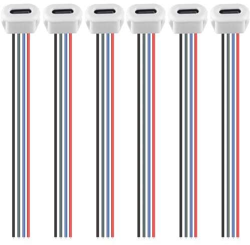 RUNCCI-YUN 6 Pièces connecteur USB C a souder prise femelle,USB C 4 Fils femelle connecteur panneau avec Boucle à Rainure à Pression,150mm 24 AWG, Blanc avec fonction PD