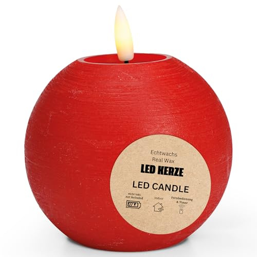 LED Kerze Kugel aus Echtwachs mit Timerfunktion & Fernbedienung - Kerze realistisch flackernde Flamme warmweiß Ø 10 x 9 cm - Elektrische Wachskerze in Rot als gemütliche Tischdeko
