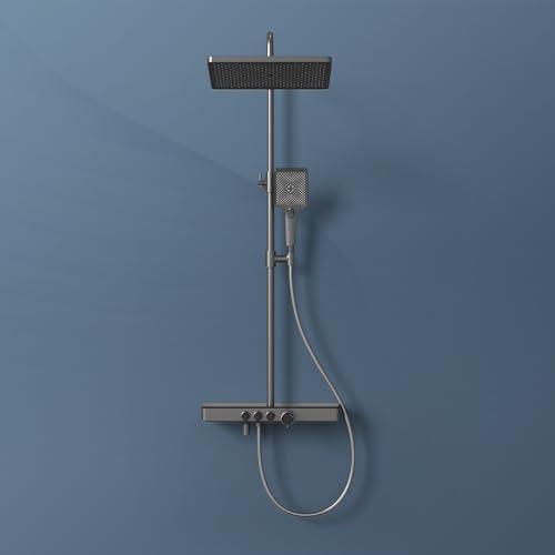 EMKE Duschsystem mit Thermostat, Regendusche Duschsystem mit 36x24cm Regenduschkopf, Brauseset mit Glasablage, Duschset mit Handbrause 3 Strahlarten, KTW-Zertifiziert, Anthrazit Matt
