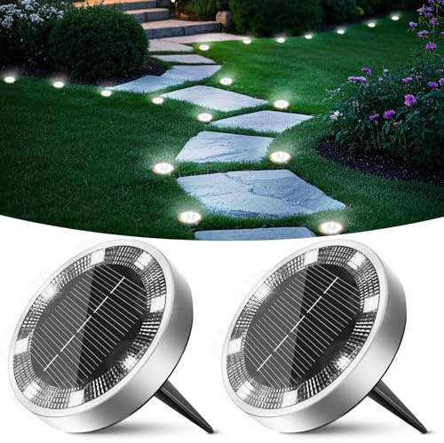 Peasur Luci Solari da Giardino, 2 Pezzi Faretto Led da Esterno Solare da Terra, 8 LED Sepolta Faretti Solari Impermeabile per Prato, Scala, Paesaggio (Bianco Freddo)