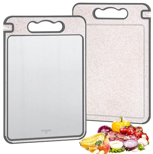 Homgaty Planche à découper 2 en 1 en titane avec zone de broyage, aiguiseur de couteaux intégré et trou de suspension, passe au lave-vaisselle pour viande, légumes et fruits