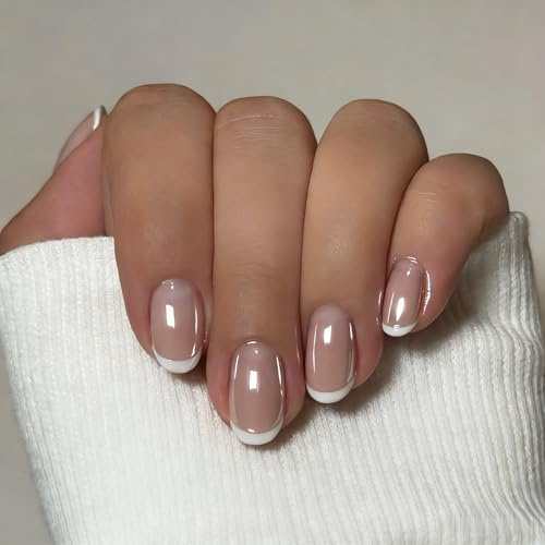 SXVME Chrome White Micros French Tip Press On Nails Short Oval, Glazed Short False Nails Almond, Salon Quality Manicure, Reusable Soft Gel Fake Nails for Women Everyday Wear, 24 Pcs