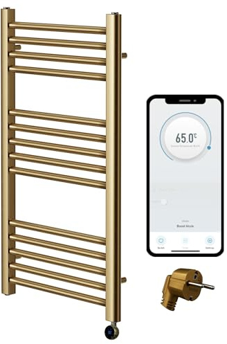 Greened House Electric WiFi Asciugamani Smart Flat 7 giorni Programmabile Timer App Compatibilità (UE) (ottone spazzolato, 400 mm L x 800 mm H)