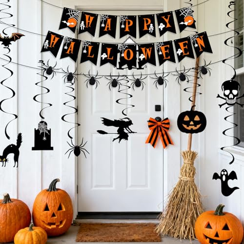 Decoracion Halloween Casa,Decoración Halloween Casa - Kit Completo Con Guirnalda, Banderines Y Accesorios (Calabazas, Arañas), Ideal Para Fiestas Y Fotocall