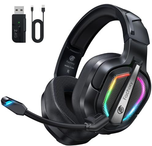 Fachixy FC200 Wireless Gaming Headset, 2.4GHz Bluetooth 5.4 Headset mit Mikrofon für PS5, PS4, PC, Switch, Gaming Kopfhörer Kabellos, Geringe Latenz Noise Cancelling, mit LED Licht, 50H Akkulaufzeit