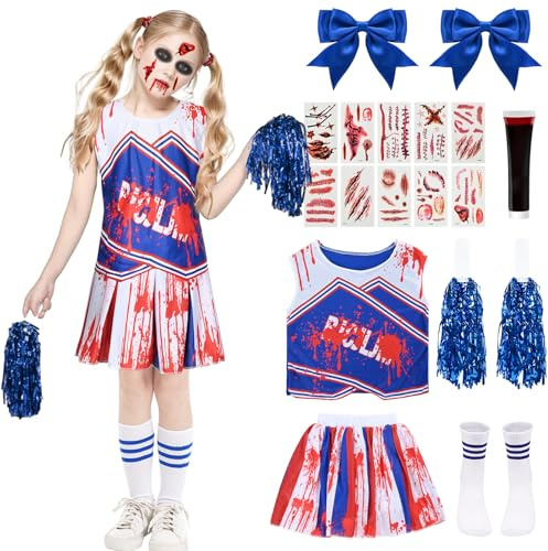 HarnyLoom Zombie Cheerleader Kostüm Kinder Mädchen, Cheerleader Outfit Kleid Horror Blutige School Cheerleading Pompoms Socken Halloween Partys Cosplay (XL (11–12 Jahre))