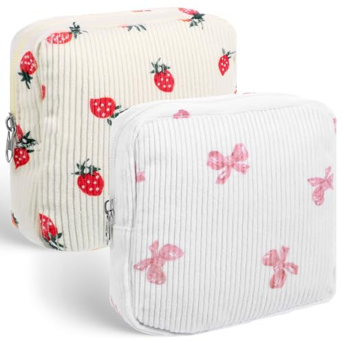 2 Pack Period Bag, Corduroy Cute Sanitary Napkin Storage Bag for Girls Women, Menstrual Pad Pouch Tampon Holder for Purse, Small Make Up Bags