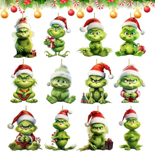 12 Stück Grinch Weihnachtsdeko Anhänger, Grinch Deko Weihnachten, Grinch Weihnachtsschmuck, Christbaumschmuck der Grinc-h, 2D Acryl-Anhänger mit Elastischer Kordel, Weihnachtsgrünes Monster