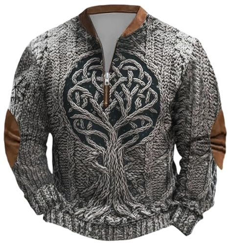 Men's Sweater with Celtic Tree of Life - Viking Troyer in 3D Knitted Look with Yggdrasil | Biker Long Sleeve Shirt with Zip, Style Y01 Black, L