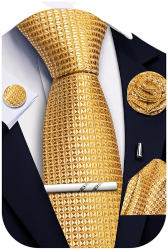 Ailisus Gold Ties for Men Plaid Checkered Tie Set Silk Necktie Pocket Square Handkerchief Cufflinks Lapel Pin Tie Clip