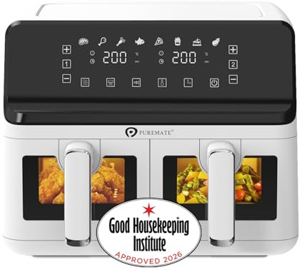 PureMate 9L Dual Air Fryer with Digital Display, Healthy Oil Free 2500W Air Fryer with 8 Preset, LED One Touch Screen, Timer & Adjustable Temperature Control (9L(4.5L+4.5L) Dual Basket)
