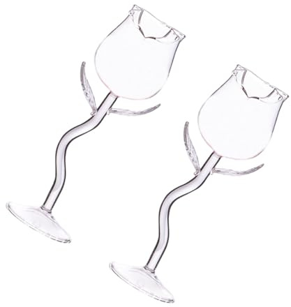 DEARMAMY Bicchieri da Vino Rosso Decorativi Creativi 180ml in Vetro Fiore Rosa per Feste, e Banchetti – Set 2 Pezzi per Casa, Ristorante e Bar