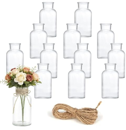 Set de 12 Jarrones de Vidrio 125ml con 10m Cuerda de Yute, Boca Ancha 3.3cm para Decoración de Mesa Centros de Mesa, Lavable Estilo Vintage para Hogar Bodas Fiestas Laboratorio