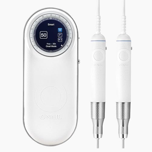Professional Electric Nail Drill Machine - O NAIL 50,000 RPM E-File with LCD Display, Cordless Rechargeable Nail File for Acrylic Gel Removal, Low Vibration, 3mm Bits, with 2 Handpieces [White]