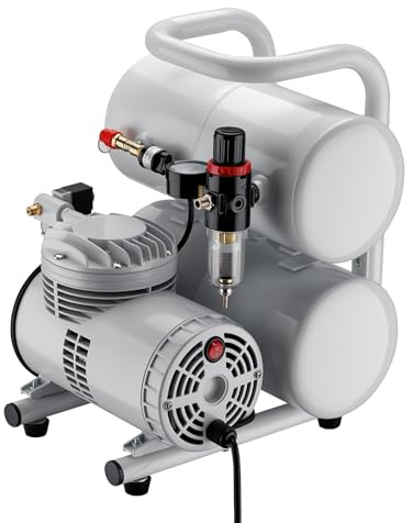 Wiltec Compresor para aerógrafo AS06T 1/4 CV con accesorios, para pistola aerográfica con alto caudal de aire 65-69 l/min, potente aire comprimido 3,2 bares, para diseño con aerógrafo