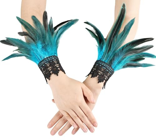 Feder Handschuhe 1 Paar Federn Farbe Gothic Federhandschuhe Vintage Federn Gothic Kostüme Manschetten für Damen Halloween Karneval Fasching Masquerade Cosplay Gloves (Blau)