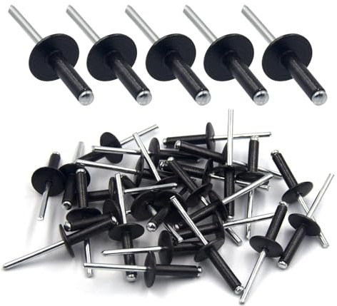 Pop Rivets 50 Pcs 4.8mm x 20mm Black – Large Flange Aluminum Blind Rivets Kit for Metal Wood Plastic – Heavy Duty Dome Head Pop Rivets for DIY Construction Automotive