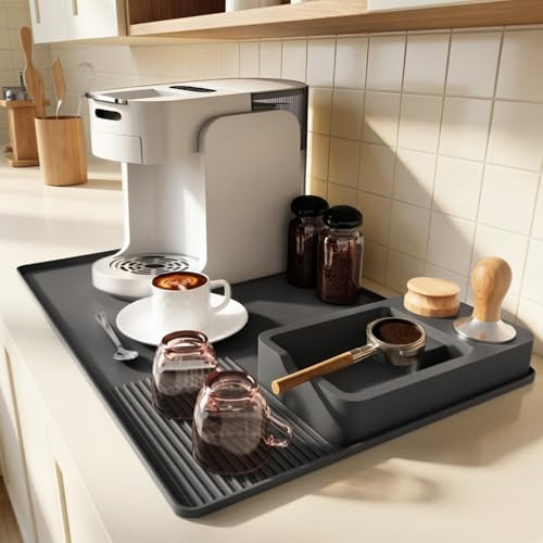 XIAPIA Silicone Coffee Machine Mat, 60x40cm Kitchen Coffee Bar Mat, Black | Anti-Slip Draining Mat with Raised Edges for Spills, Heat-Resistant and Non-Stick Dish Drying Mat for Worktops