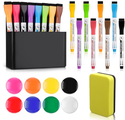 Vyuwast 18 Stück Whiteboard Zubehör Set Magnetischer Stiftehalter Schwarz | 8 Stifte,8 Magnete,1 Schwamm,Für Schule Büro Kühlschrank,Stabile Magnetische Befestigung,Praktische Organisationshilfe