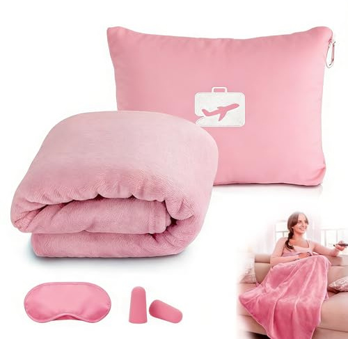 Megcdtr Travel Blanket and Pillow with Eye Mask and Ear Plugs(Pink)