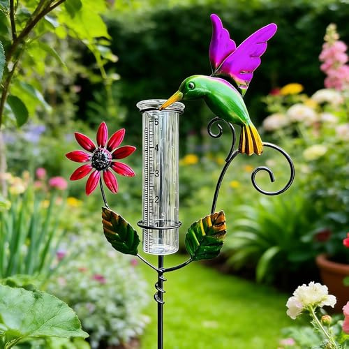 RNPKZ Regenmesser für Garten Frostsicher, Outdoor Regenmesser Glas Regenwassermesser, Vogel Regenmengenmesser mit Erdspieß Metall, Niederschlagsmesser, Regenmesser für Garten, Rasen, Terrasse (Bunt)