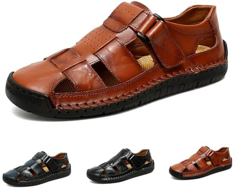 POIOZXD Sandalias de cuero con puntera cerrada para hombre, sandalias ortopédicas caladas de verano, transpirables, cosidas a mano, sin cordones, zapatos de pescador de cuero para caminar, senderismo
