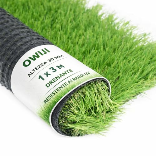 OWIJI Erba Sintetica per Esterno Prato 30 mm 1 x 3 MT Tappeto Verde Alta Densità Rotolo Pavimento Giardino Artificiale Manto Sintetico Resistente Terrazzi Giardini Piscine Erbetta