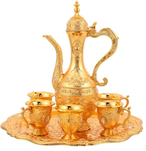 JEWEDECO Set Tazzine da Tè in Metallo Oro con Teiera Vintage e Vassoio in Legno, 5 Pezzi per Presentazioni di Cucina Occidentale e Atmosfera Raffinata