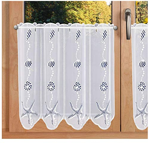 Maritime Scheibengardine Muschel und Seestern Vogtländische Spitze - Badgardine Unterwasser-Motiv in blau-weiß | Scheibenhänger Badezimmer & Ferienwohnung | Kurzgardine Höhe x Breite 50 x 96 cm