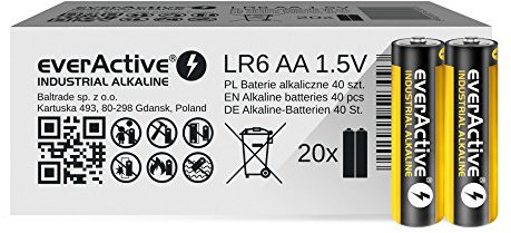 everActive AA Batterien 40er Pack, Industrial Alkaline, Mignon LR6 R6 1.5V, 5 Jahre Haltbarkeit, 40 Stück