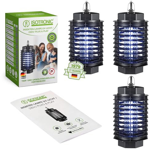 ISOTRONIC Elektrischer Insektenvernichter erlegt Mücken, Fliegen, Motten & andere Fluginsekten zuverlässig – Mückenlampe mit 500 V für den Innenbereich geeignet – Wirkungsbereich von 50m² (3 Stück)