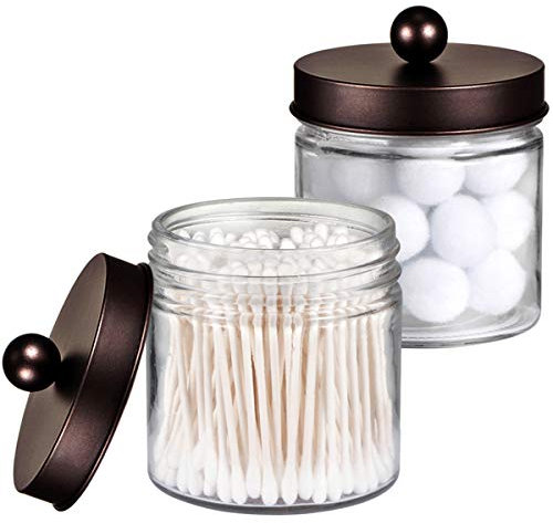 SheeChung Organizadores y almacenamiento de baño, paquete de 2 soportes Qtip, frascos de boticario para bastoncillos de algodón, redondos, bolas, Qtips, esponjas de maquillaje, hilo dental, sales de