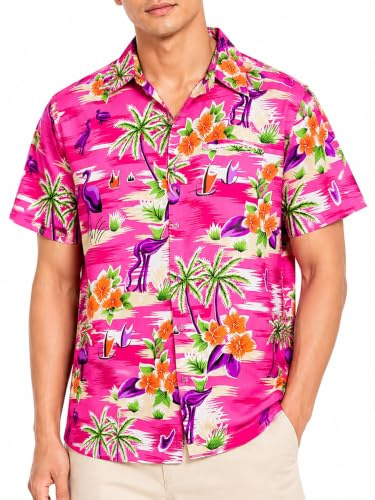 King Kameha Camicia Hawaiana Uomo Vintage a Maniche Corte con Fantasia Fenicotteri