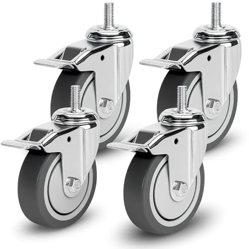 PRIOstahl Transportrollen mit Bremse & Rückenloch - 100mm Rollen für Möbel 4 Rollen Set - bis zu 320Kg Möbelrollen Lenkrollen Gummi TPE für Palettenmöbel Transportroller oder Transportboxen Rollbrett