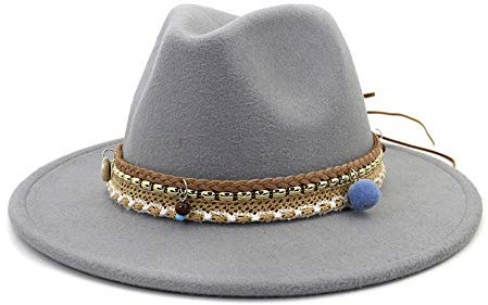 Gossifan Boho Hüte für Frauen Filz Fedora Hüte breite Krempe Panama Hüte - Grau - Medium