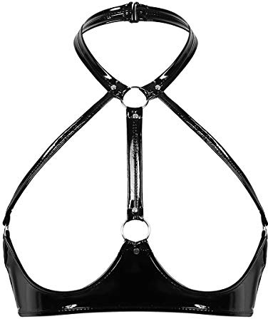 Oyolan Soutien-Gorge Femme Cuir Verni Bra Push Up Lingerie Sein Nu Bandage Wetlook Bralette Clubwear Noir S