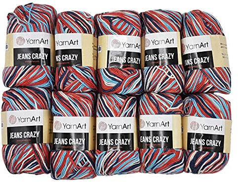10 x 50g Strickwolle YarnArt Jeans Crazy mit 55% Baumwolle, 500 Gramm Wolle mit Farbverlauf mehrfarbig (blau rot weiß 7208)