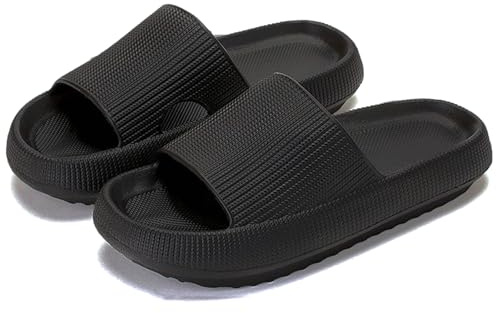 rosyclo Pillow Slippers for Womens and Mens, Cloud Foam Summer Pool Beach Spa Anti-slip Super Ultra Comfy Thick Sole Home House Recovery Cloud Cushioning Slides Sandles, Black