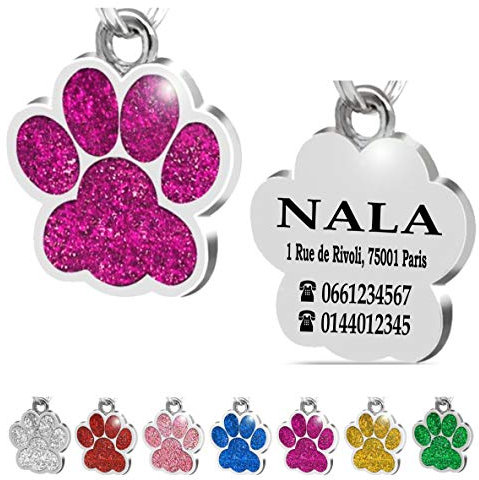 Ibera Gifts - Médaille Chien avec Gravure en Forme de Patte, Médaille pour Animaux de Petite et Moyenne Taille, Médaille Chien Gravée, Médaille Chat avec Gravure (Fuchsia)