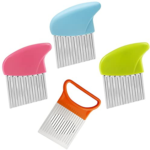 Luomorgo Stainless Steel Crinkle Cutter Knife Set, 1 Fork Slicing Helper & 3 Potato Carrot Wavy Knife French Fry Slicer Vegetable Wavy Chopper