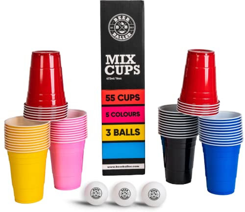 BeerBaller® Mix Cups - 5 Farben - 55 Beer Pong Becher - 3 Bier Pong Bälle | 473ml - 16oz Partybecher | spülmaschinenfest & wiederverwendbar | Bierpong Becher Set | Original American Beerpongbecher