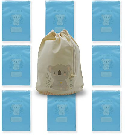 My Baby Koala 8 Buste Corredino Nascita Azzurre| Sacchetto porta biancheria cotone organico con buste primo cambio neonato | Buste corredino neonato riciclabili e biodegradabili | 100% Made in Italy