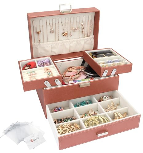 Jewellery Box Organiser, 3 Layer PU Leather Jewellery Case, Large Jewellery Organiser with Drawer, Jewellery Storage Case for Necklaces Earrings Bracelets and Rings, Rose gold