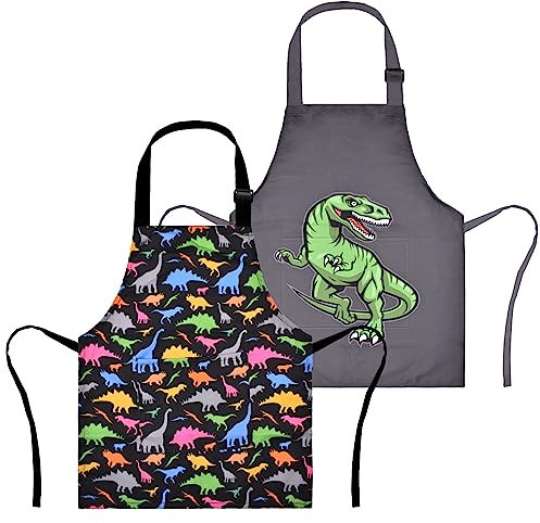 XonyiCos 2er-Pack Kinder Jungen Dinosaurier Schürzen, Mädchen Einhorn Schürze zum Kochen Malen Chef Cartoon Schürze für Kinder 3-12 Jahre (Mächtig Dinosaurier, 3-5 Jahre)