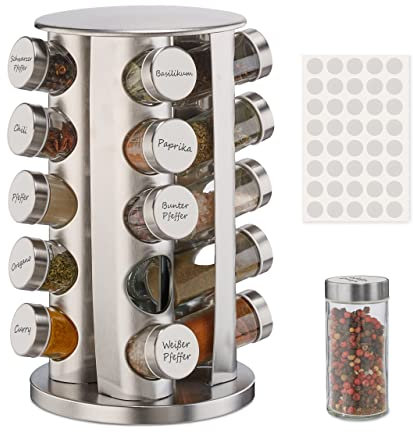 Relaxdays Gewürzkarussell mit 20 Gewürzgläsern, 40 Etiketten, 360° drehbar, nachfüllbare Edelstahlgewürzstreuer, silber